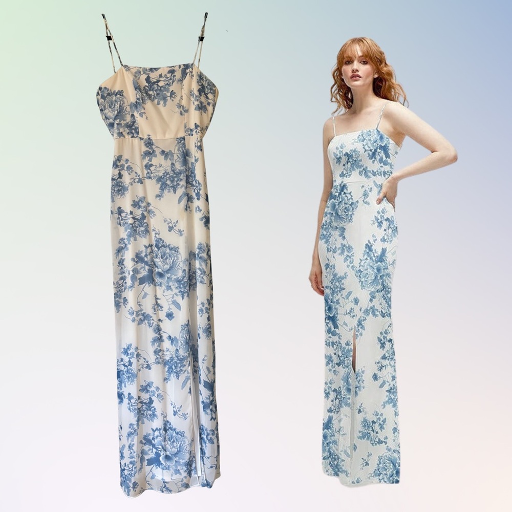 Dessy Collection Blue and White Floral Maxi Dress